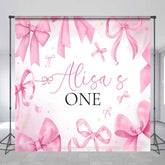 Aperturee - Aperturee Fairytale Pink Bow Custom Name One Birthday Backdrop